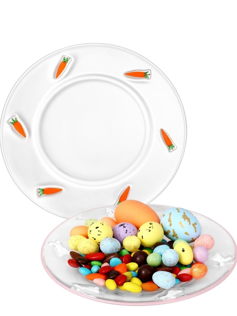 Set of 2 Easter Glass Serving Plates - Carrot and Bunny Designs.